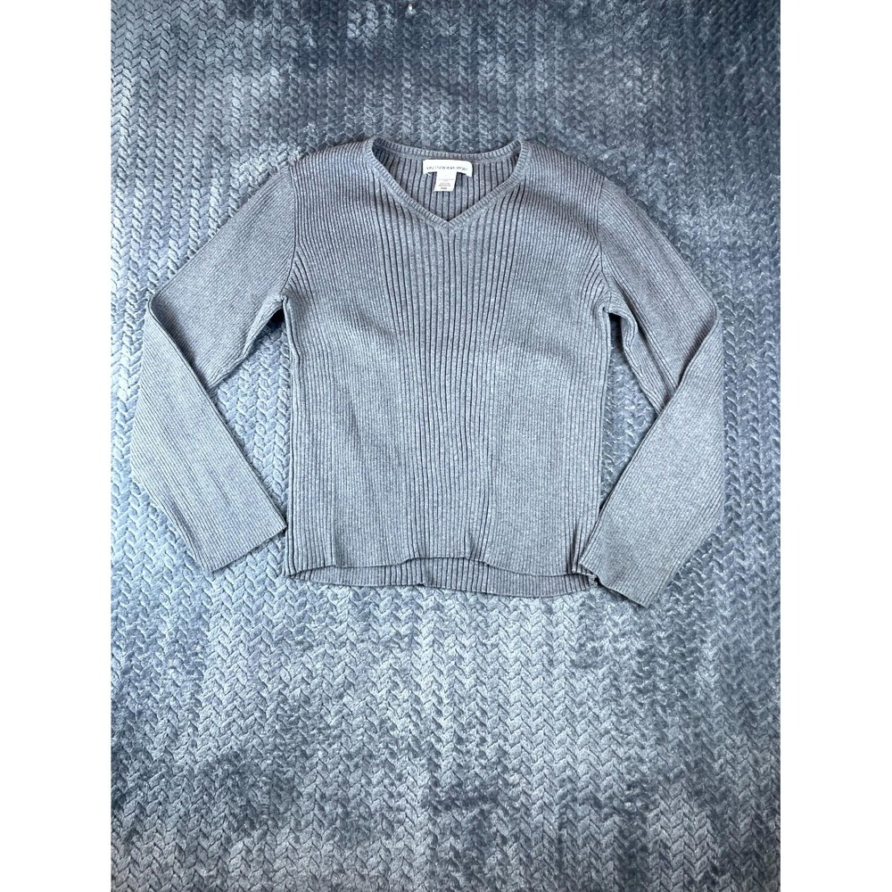 Jones New York Sport Sweater Womens L Charcoal Gray Ribbed Knit V Neck Pullover